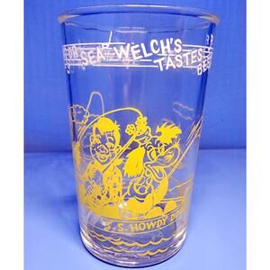 1953 Howdy Doody Welch's Juice Glass Mr Bluster Clarabell Fishing FLAW READ